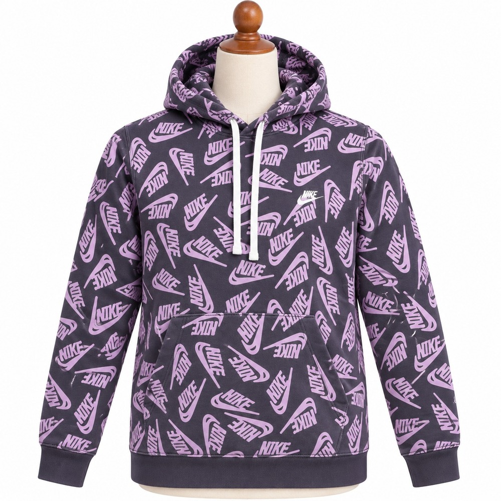 Nike Hoodie Mens Small Gray Pink Allover Swoosh Logo Fleece Pullover Graphic